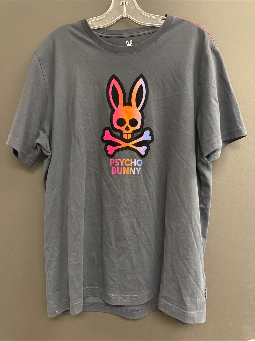Psycho Bunny Gray T-Shirt with Neon Gradient Bunny Skull